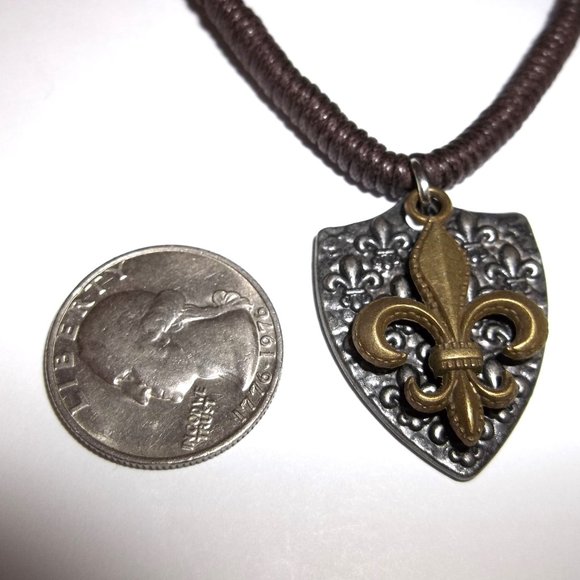 Mixed Metal Medallion Cord Necklace Fleur De Lis Unisex Silver Bronze Brown C227 - Picture 2 of 8